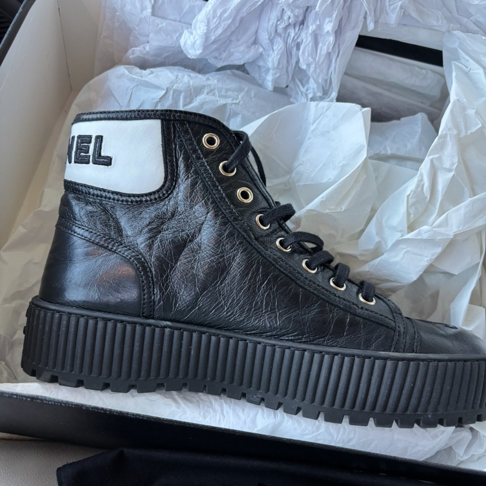 CHANEL Men's Black Leather Sneakers with White Detail